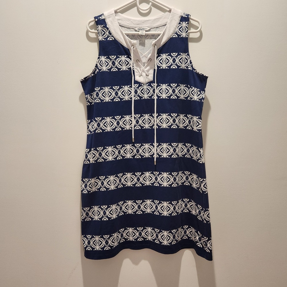 Tommy Bahama Bungalow Geo Stripe Blue Shift Dress - Large - 100% Pima Cotton